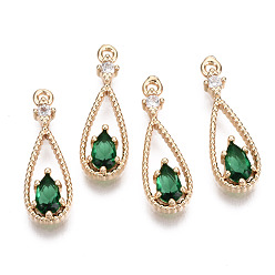 Морско-зеленый Латунные микро проложить кубического циркония подвески, со стеклом, слеза, долговечный, золотой свет, цвета морской волны, 17.5x6x2.5 мм, отверстие : 1 мм