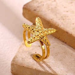 Starfish 304 Stainless Steel Cuff Open Rings, Golden, Starfish, 18mm