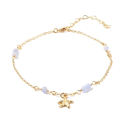 Lavender Natural Dyed White Jade Anklets for Women, Brass Star Charm Chain Anklets, Golden, Lavender, 9-5/8 inch(24.5cm), 2mm