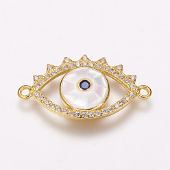 Golden Brass Micro Pave Cubic Zirconia Links, with Freshwater Shell, Eye, Golden, 14x25x3mm, Hole: 1mm