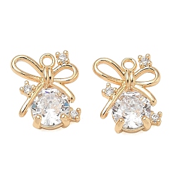Real 18K Gold Plated Brass Micro Pave Clear Cubic Zirconia Charms, Bowknot & Round Charms, Real 18K Gold Plated, 10x9x4mm, Hole: 1mm