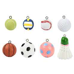 Mixed Color 16Pcs 8 Styles Sport Opaque Resin Pendants, Mixed Shapes, with Platinum Iron Loop, Mixed Color, 19~37.5x15.5~26mm, Hole: 2mm, 2pcs/style 