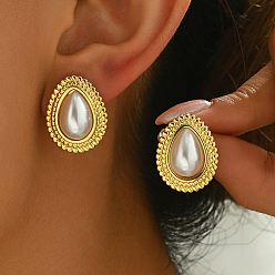 Teardrop 201 Винтажные серьги-гвоздики из нержавеющей стали с имитацией жемчуга, золотые, слеза, 20x15 мм