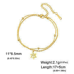 Golden 304 Stainless Steel Star of David Chai Charm 2-Strand Chain Bracelets for Women, Golden, 6.69 inch(17cm)