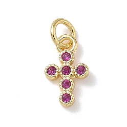Темно-Розовый Латунные микро проложить кубического циркония прелести, крест прелести, стойки покрытие, долговечный, без кадмия и без свинца, реальный 18 k позолоченный, темно-розовыми, 12x7x2 мм, отверстие : 3.5 мм