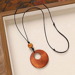Ring Деревянная подвеска, черный вощеный шнур, длинные цепочки для женщин, кольцо, 31.50 дюйм (80 см), Кулон : 75x50 мм