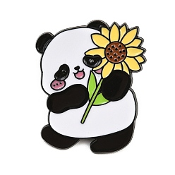Yellow Panda Holding Sunflower Enamel Pins, Alloy Lapel Pin Backs for Backpack Clothes, Black, Yellow, 35x28mm