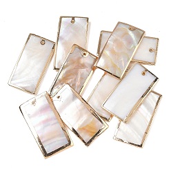 Seashell Color Natural Shell Pendants,  Rectangle Charm, with Golden Brass Edge, Seashell Color, 40x20x1.3~1.5mm, Hole: 1.4mm