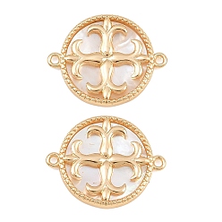 Plaqué 18K Or Véritable Breloques connecteurs en laiton et coquillage naturel, rond plat avec des maillons en forme de fleur de lys, réel 18 k plaqué or, 19.5x15.5x2.5mm, Trou: 1mm