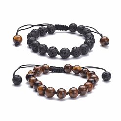 Mixed Stone 8mm Round Natural Tiger Eye & Lava Rock Braided Beads Bracelets Set, Bracelets for Men Women, Black, Inner Diameter: 2-1/8~3-1/2 inch(5.3~8.8cm), 2pcs/set