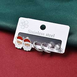 Нержавеющая Сталь Цвет 3 пары 3 стили рождество 304 наборы из сережек-колец и гвоздиков из нержавеющей стали для женщин, с эмалью, кубическим цирконием и стразами, цвет нержавеющей стали, 13~14x2~10 мм, 1 пара / стиль