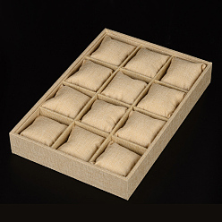 Верблюжий Дерево покрыто мешковины браслет ювелирных часовых дисплеев, 12 отсеков, с подушками, верблюжие, 35x24x5 см