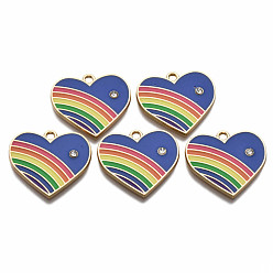Blue Alloy Enamel Pendants, Light Gold, with Rhinestone, Cadmium Free & Nickel Free & Lead Free, Heart, Blue, 21.5x23.5x2.5mm, Hole: 1.8mm