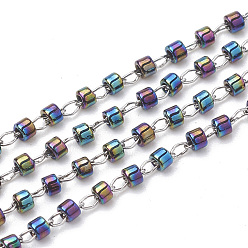 Colorful TOHO Japan Import Seed Beads, Handmade Glass Beaded Chains, Soldered, with Stainless Steel Findings, Plated, Column, Stainless Steel Color, Colorful, 2mm, about 26.24 Feet(8m)/strand