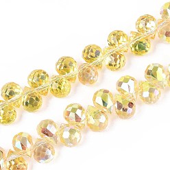Шампанско-Желтый Прозрачные стеклянные бусины, сверху просверленные бусы, с покрытием AB цвета, Грановитая Teardrop, шампанское желтый, слеза: 9.5x8 мм, отверстие : 0.8 мм, бусины : 3~4x2.5~3.5 мм, около 90~92 шт / нитка, 21.25~21.65 дюйм (54~55 см)