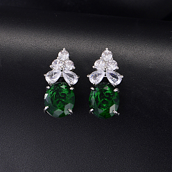 Green Brass Pave Cubic Zirconia Oval with Flower Stud Earrings for Women, Platinum, Green, 24x10mm