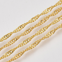 Золотой Сингапурские паяные латунные покрытые железом цепи, цепи водных волн, с катушкой, золотые, 3x2x0.4 мм, около 328.08 футов (100 м) / рулон