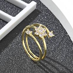 Настоящее золото 18K Кольца-манжеты для женщин с покрытием из латуни с микропаве из прозрачного кубического циркония, долговечный, цветок, реальный 18 k позолоченный, 13.5 мм, внутренний диаметр: 17 мм