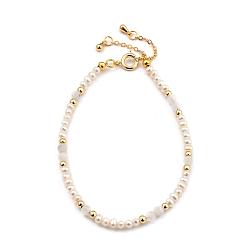Rainbow Moonstone Beaded Bracelets, with Natural Pearl Beads, Natural Rainbow Moonstone Beads, Brass Beads & Spring Ring Clasps, Golden, 19.7cm(7-3/4 inch)