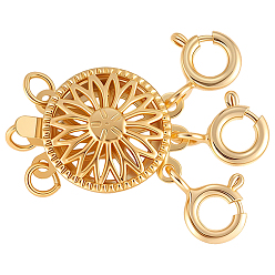 Real 18K Gold Plated 1Pc Brass Box Clasps, with Spring Ring Clasps, Flat Round, 2-Strand, 3-Strand, 6-Hole, Real 18K Gold Plated, 25x12x6mm