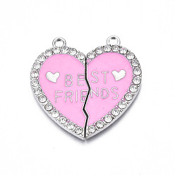 Ярко-Розовый Подвеска из сплава эмали, со стразами, без кадмия, без никеля и без свинца, платина, разбитое сердце со словом лучший друг, ярко-розовый, 31x30.5x2 мм, отверстие : 2 мм