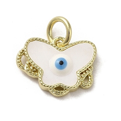 White Evil Eye Enamel Shell Brass Butterfly Charms with Jump Rings, Golden, White, 11.5x15x3mm, Hole: 3.8mm