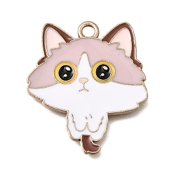 Misty Rose Alloy Enamel Pendants, Cat Shape Charms, Light Gold, Misty Rose, 26.5x23x1mm, Hole: 2mm