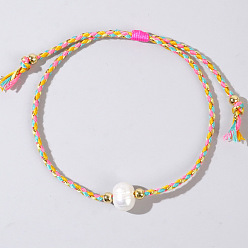 Разноцветный Плетеные браслеты из бусин натурального пресноводного жемчуга, плетеные браслеты из хлопкового шнура для женщин, красочный, внутренний диаметр: 11 дюйм (28 см)