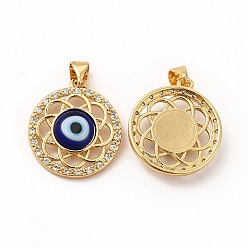 Blue Rack Plating Brass Micro Pave Clear Cubic Zirconia Pendants, with Handmade Evil Eye Lampwork, Cadmium Free & Lead Free, Long-Lasting Real 18K Gold Plated, Flat Round with Flower Charm, Blue, 21.5x19x4.5mm, Hole: 4.5x3.5mm