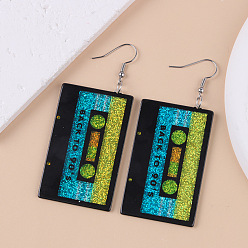 Черный Серьги-подвески из непрозрачной акриловой ленты, с блеском порошок, платина, чёрные, 78x33 мм