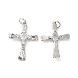 Платинированный Подвески из латуни, стекла и циркония, без кадмия, без никеля и без свинца, крест очарование, Реальная платина, 26x19x3 мм, отверстие : 3 мм
