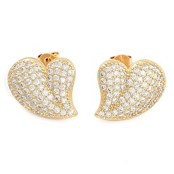 Golden Brass Micro Pave Clear Cubic Zirconia Stud Earrings, Heart, Golden, 19x18mm