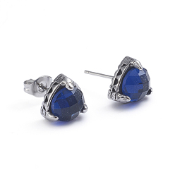 Antique Silver Retro 304 Stainless Steel Stud Earrings, with Cubic Zirconia and Ear Nuts, Triangle, Blue, Antique Silver, 9x9.5mm, Pin: 0.6mm
