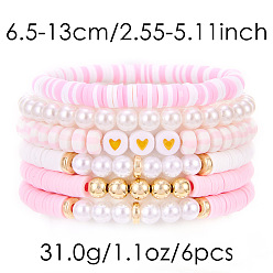 Бледно-Розовый 7 Набор эластичных браслетов для женщин с узором в виде сердечек из полимерной глины, пластиковых бусин и жемчуга, а также пластиковых бусин CCB., розовый жемчуг, внутренний диаметр: 2.56~5.12 дюйм (6.5~13 см)