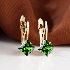 Темно-Зеленый Серьги-кольца с ромбами из латуни и микропаве из кубического циркония, золотые, темно-зеленый, 17x13 мм