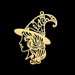 Золотой Вакуумное покрытие pvd 201 подвески из нержавеющей стали, лазерная резка, ведьма, для Хэллоуина, золотые, 43x30x1 мм, отверстие : 1.5 мм