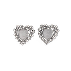 Stainless Steel Color 304 Stainless Steel Stud Earring Findings, Earring Setting for Enamel, with Ear Nuts, Heart, Stainless Steel Color, 18x19.5mm, Pin: 0.7mm, Tray: 9x9mm