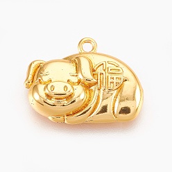 Golden Chinesische Symbolanhänger aus Messing, Glück Schweinchen mit chinesischen Zeichen, golden, 15x19.5x5 mm, Bohrung: 1.6 mm