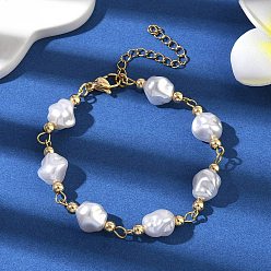 Белый Пластиковые бусины с имитацией жемчуга и 304 браслеты из звеньев нержавеющей стали для женщин, самородки, белые, 6-3/4 дюйм (17 см)