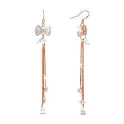 Rose Gold Brass Dangle Earrings, with Grade AAA Cubic Zirconia and Boston Link Chains, Bowknot, Rose Gold, 91mm