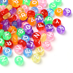 Mixed Color Transparent Mixed Color Acrylic Beads, Horizontal Hole, Mixed Letters, Flat Round with White Letter, 7x4mm, Hole: 1.5mm, 100pcs/Bag
