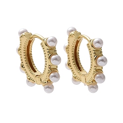 Oro Aretes de aro con perlas de abs, joyas de latón para mujer, dorado, 17x22x3.5 mm, pin: 0.7 mm
