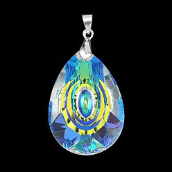 Прозрачный Цвет AB покрытием стеклянные подвески, слезинки, с серебряными латунными зажимными скобами, граненые, прозрачные, 46x27x11 мм, отверстие : 6x4 мм