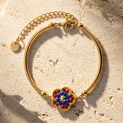 Golden 304 Stainless Steel Capri Blue and Ruby Rhinestone Flower Link Bracelets for Women, Golden, 4.72 inch(12cm)