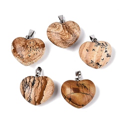 Пейзажный Джаспер Естественного изображения яшмы подвески, сердце прелести, с защелкой из нержавеющей стали на поручнях, цвет нержавеющей стали, 21~24x22~24x8.5~11.5 мм, отверстие : 6.5~7.5x2~3 мм