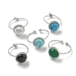 Нержавеющая Сталь Цвет 304 открытые манжеты из нержавеющей стали, Кольца на круглые пальцы с синтетическим малахитом и бирюзой для женщин и мужчин, цвет нержавеющей стали, регулируемый