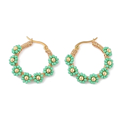 Средний Морско-зеленый Вакуумное покрытие pvd 304 серьги-кольца из нержавеющей стали в форме цветка, со стеклянным бисером, золотые, средний морской зеленый, 29.5x5 мм