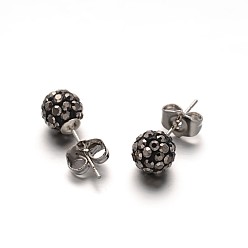 Гематит Полимерная глина горный хрусталь мяч серьги, с выводами серьги из нержавеющей стали, цвет нержавеющей стали, гематит, 8 мм , штифт: 0.8 мм