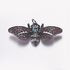 Gunmetal Brass Micro Pave Cubic Zirconia Pendants, Bee, Colorful, Gunmetal, 16x34.5x6mm, Hole: 4mm
