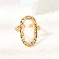 Real 18K Gold Plated 304 Stainless Steel Rhinestone Cuff Open Rings for Women, Oval, Ion Plating(IP), Real 18K Gold Plated, US Size 8 1/2(18.5mm), Surface: 27x15.5mm